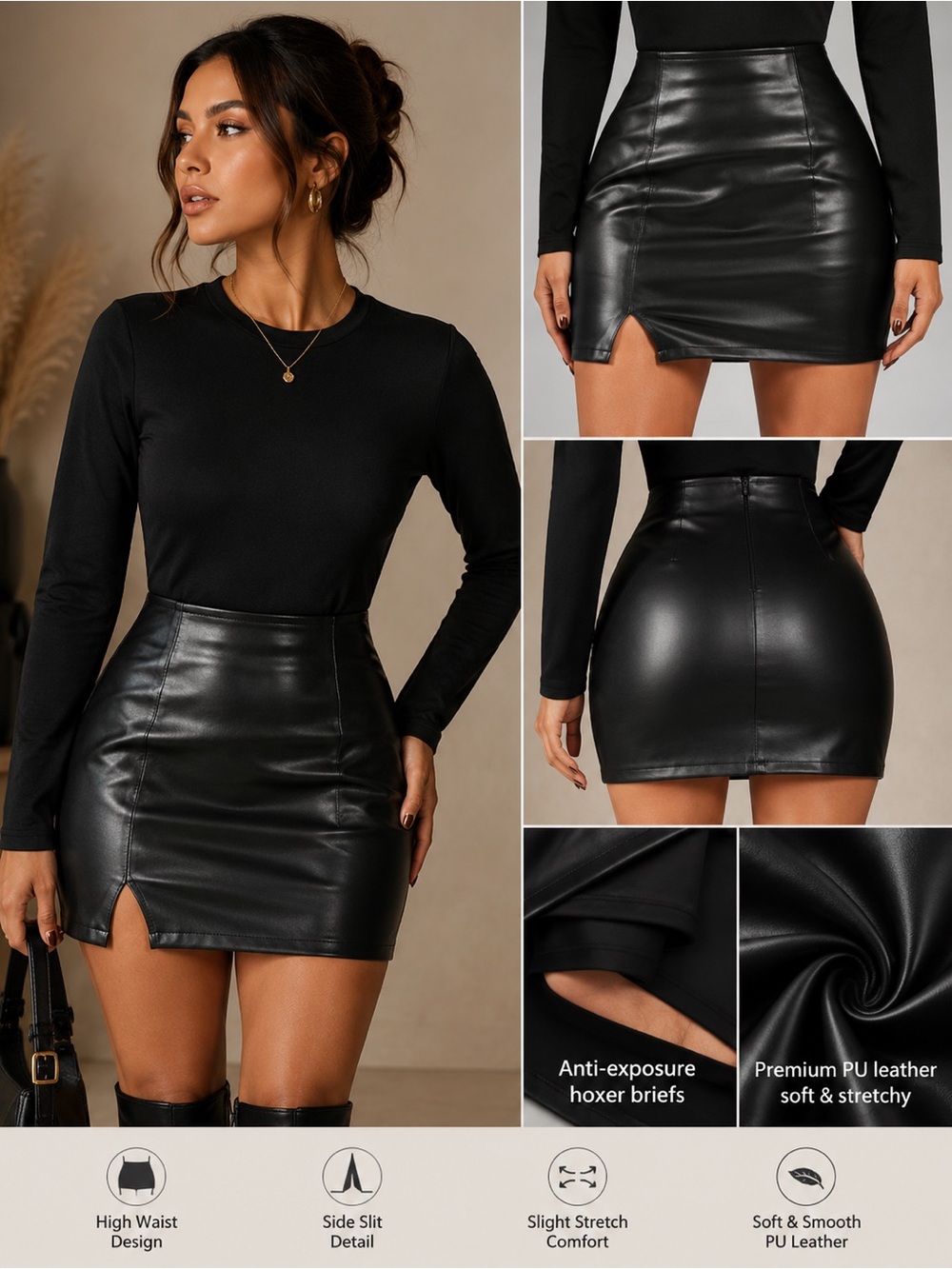 High-Waist Black PU Leather Mini Skirt with Side Slit